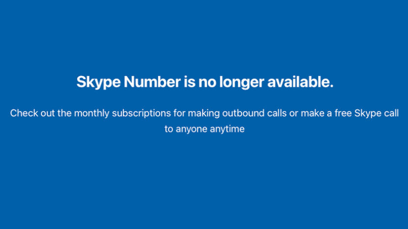 Screenshot of a message on the Skype platform, saying its Skype Number service is no longer available.