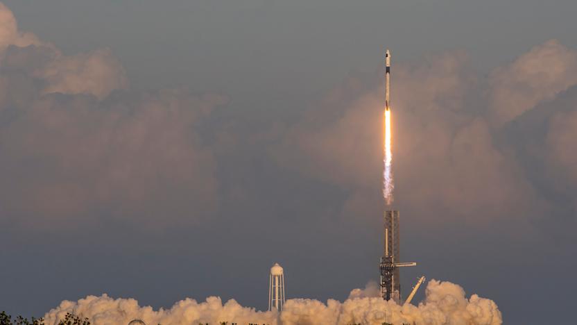 A rocket launching into space.
