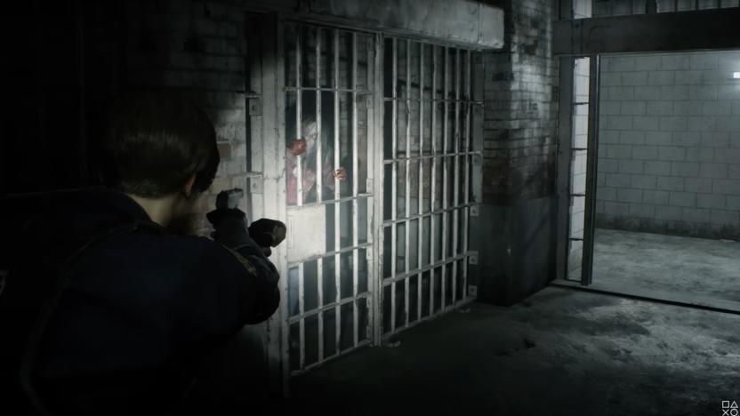 A still from Resident Evil 2 showing Leon from behind pointing a gun and shining a light onto a jail cell which has a zombie inside