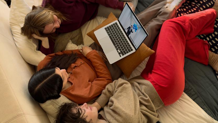 Three people watching Severance on a MacBook Air.